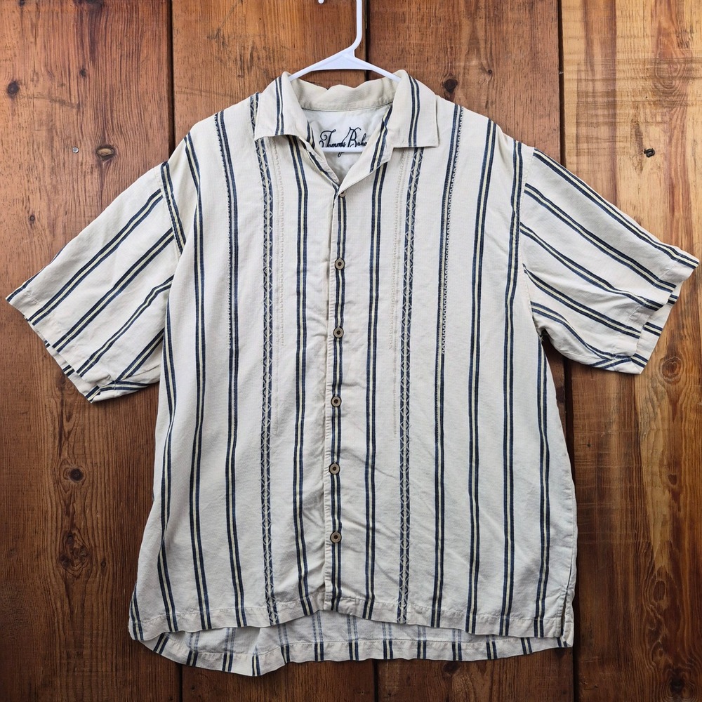 Tommy Bahama Mens XL Silk Striped Short Sleeve Camp Shirt Cream Navy Yellow
